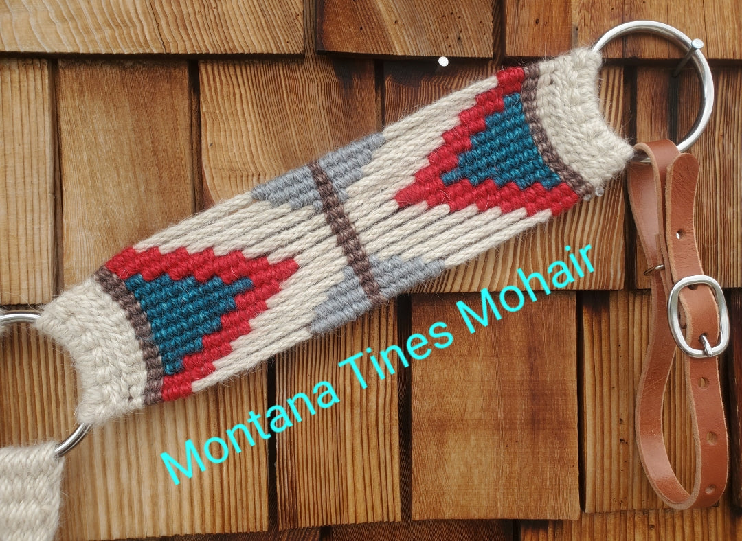 Teal, red, gray breast collar.